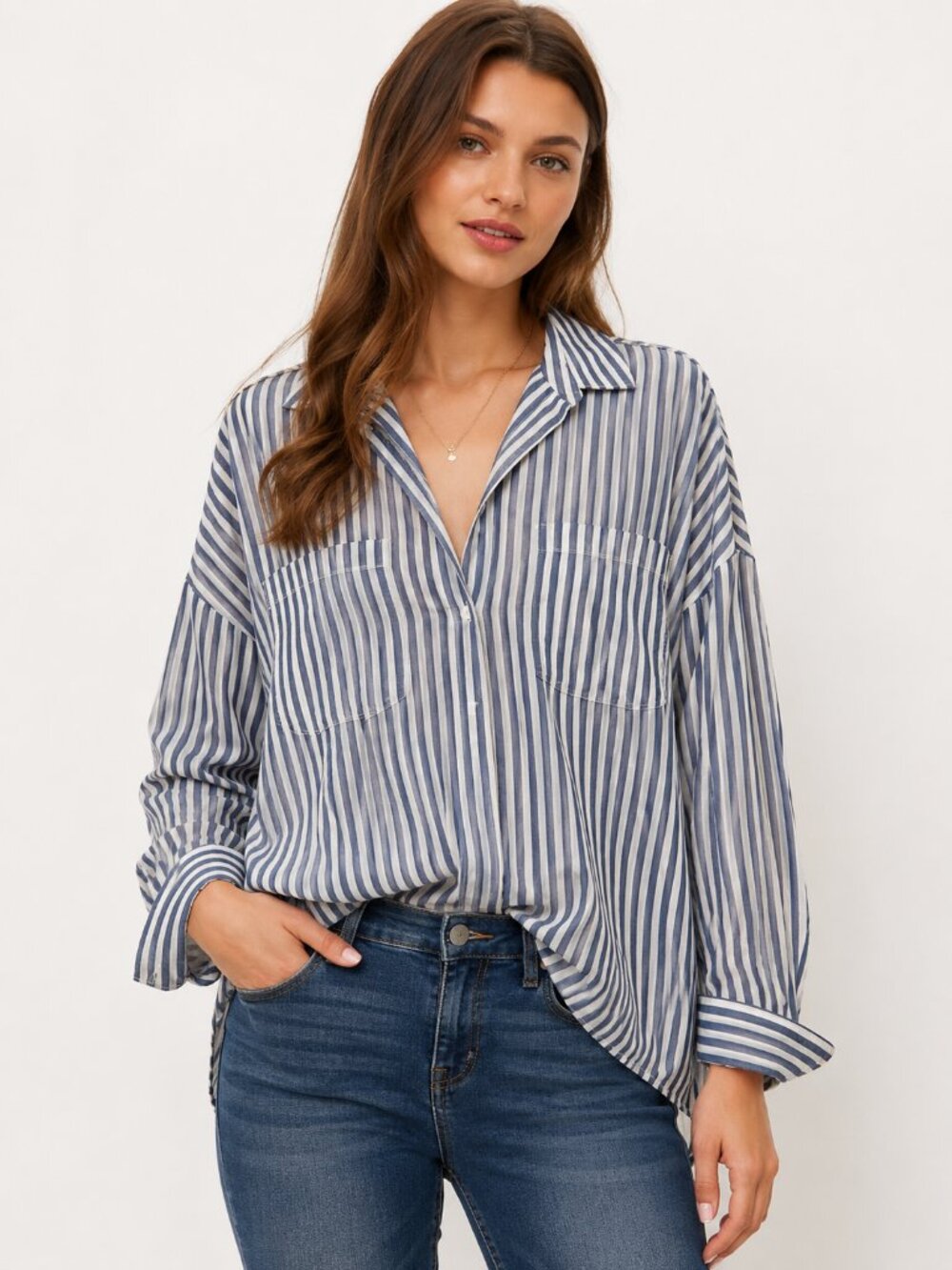 BeachLunchLounge Blue & White Striped Button-Up Shirt | Cotton Modal | Size Larg